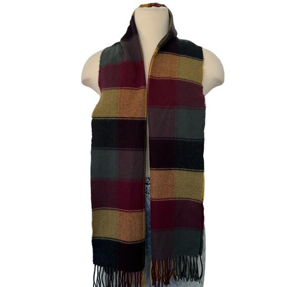 Plaid Cashmere Oblong Scarf Made in England Fringe Trim Brown Yellow Black - Picture 1 of 7